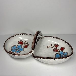 Italian Pottery Hand Painted Divided Floral Ceramic Dish Center Handle Italy